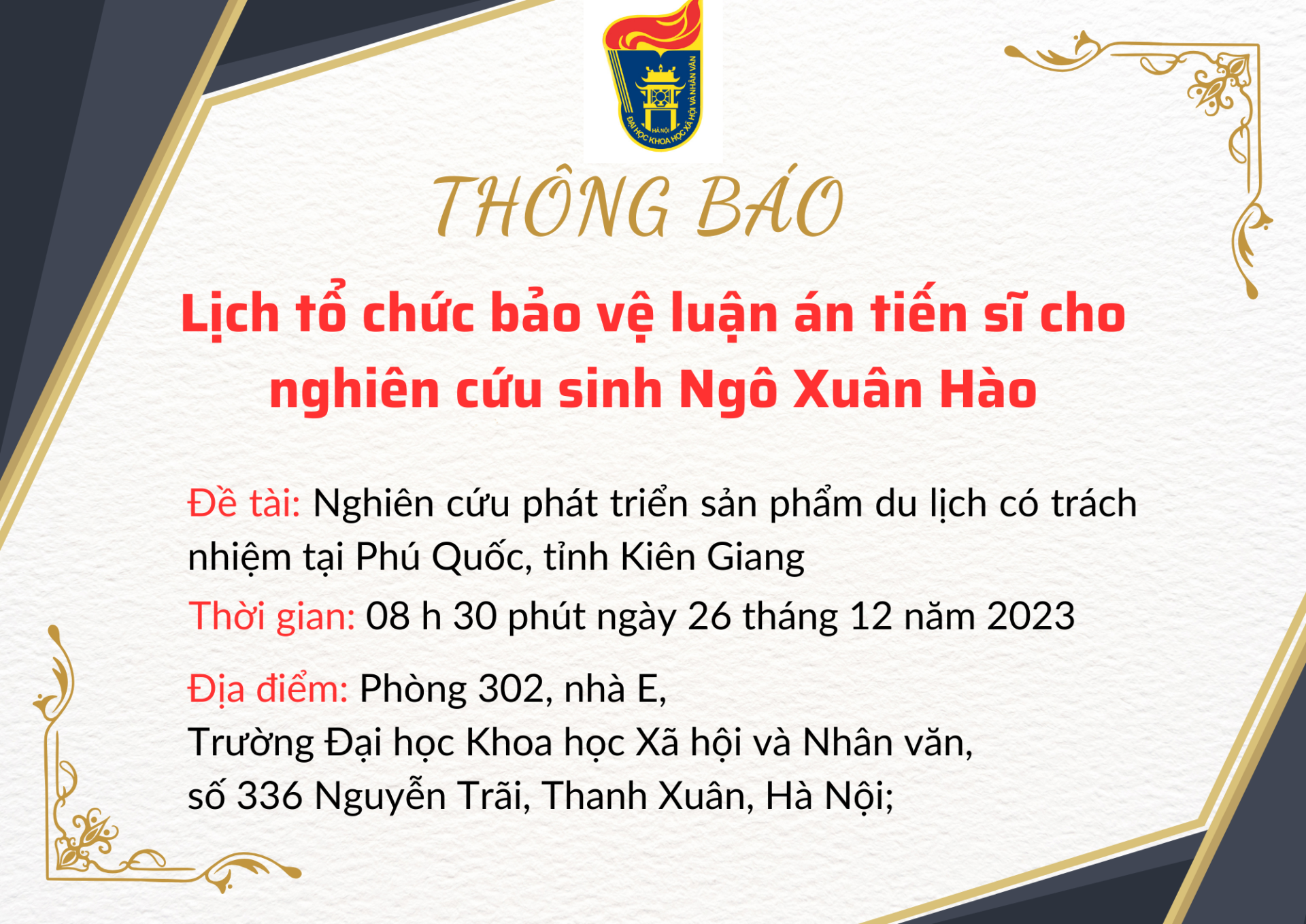 Thông báo lịch tổ chức bảo vệ luận án tiến sĩ cho nghiên cứu sinh Ngô Xuân Hào